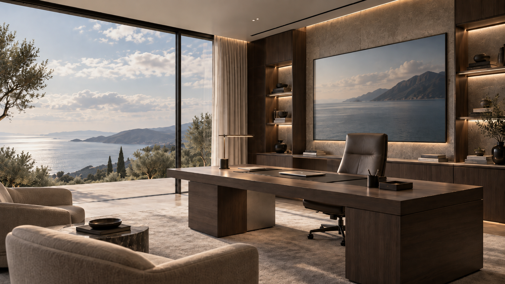 Private office environment overlooking the sea at dusk