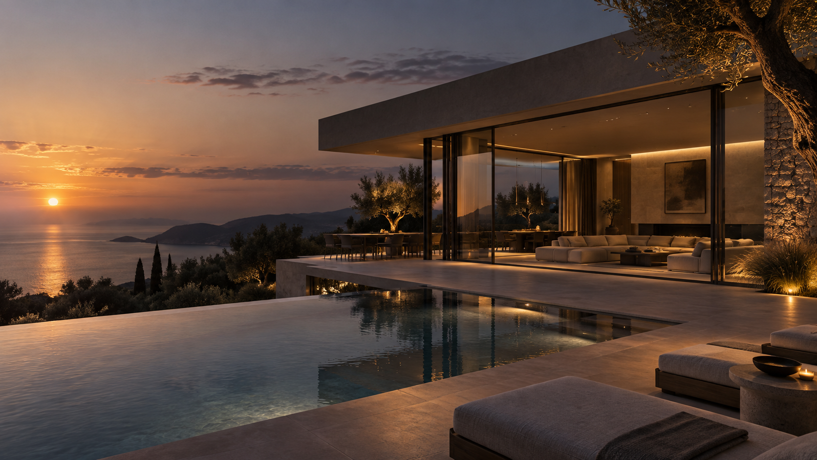 Contemporary private residence overlooking the sea at dusk