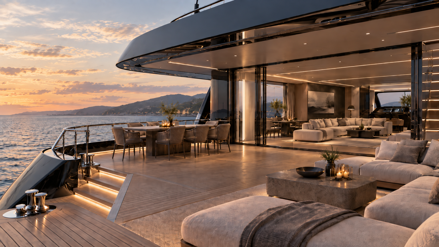 Private yacht environment at dusk